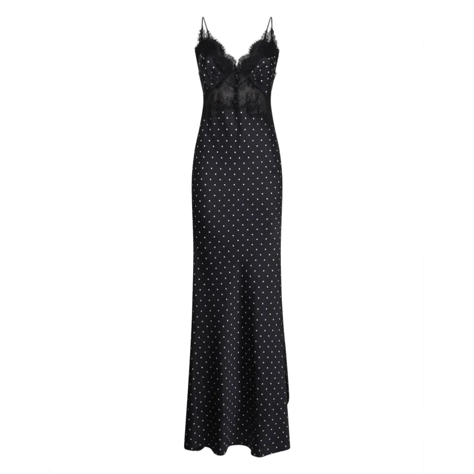 Polka Dot Satin Lace Maxi Kjole Dame Kjoler