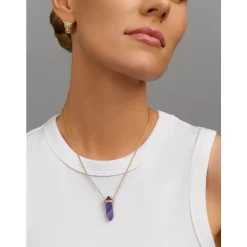 Sterling Silver Amethyst Crystal Necklace with Engraved Evil Eye Detail Dame Smykker