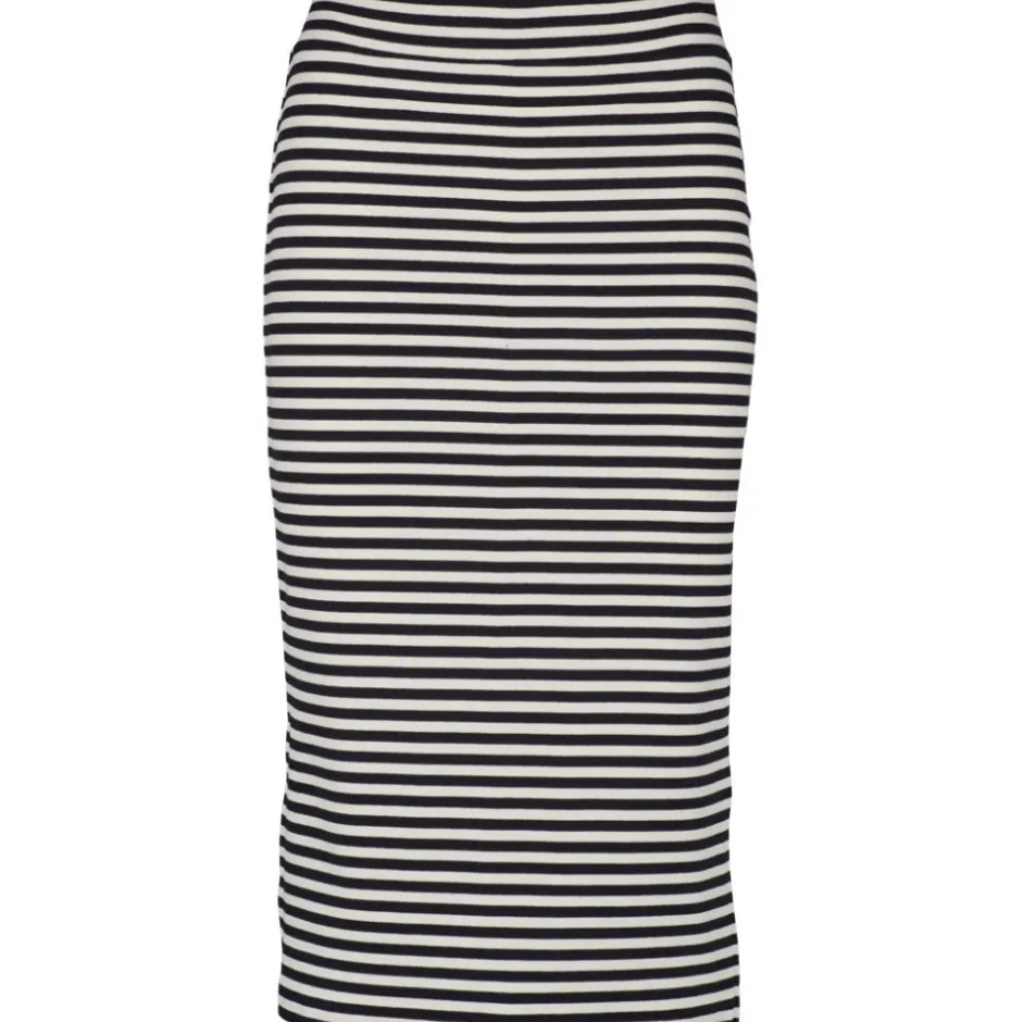 Clearance Stribet Rib Nederdel - Whisper White / Black Dame Nederdele
