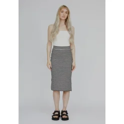 Clearance Stribet Rib Nederdel - Whisper White / Black Dame Nederdele