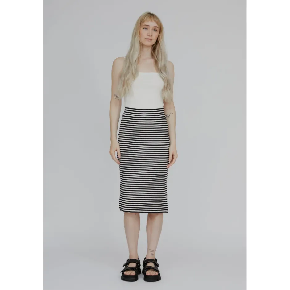 Clearance Stribet Rib Nederdel - Whisper White / Black Dame Nederdele