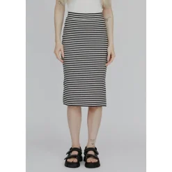 Clearance Stribet Rib Nederdel - Whisper White / Black Dame Nederdele