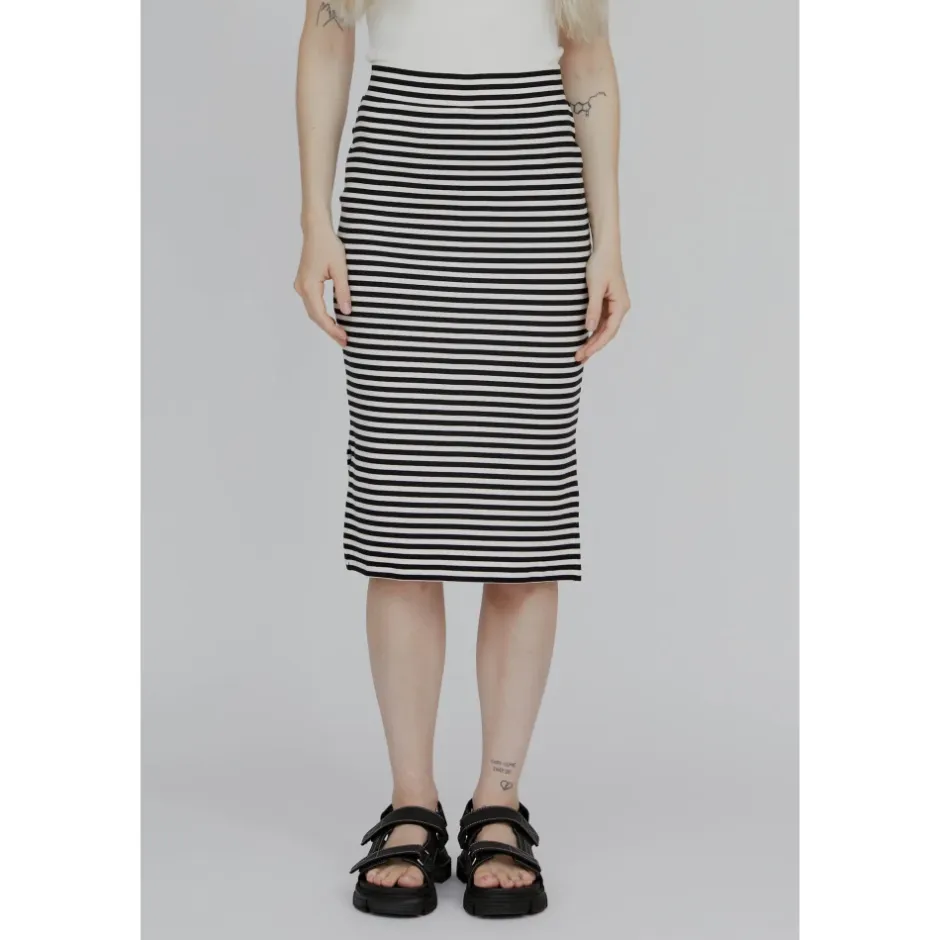 Clearance Stribet Rib Nederdel - Whisper White / Black Dame Nederdele