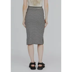 Clearance Stribet Rib Nederdel - Whisper White / Black Dame Nederdele