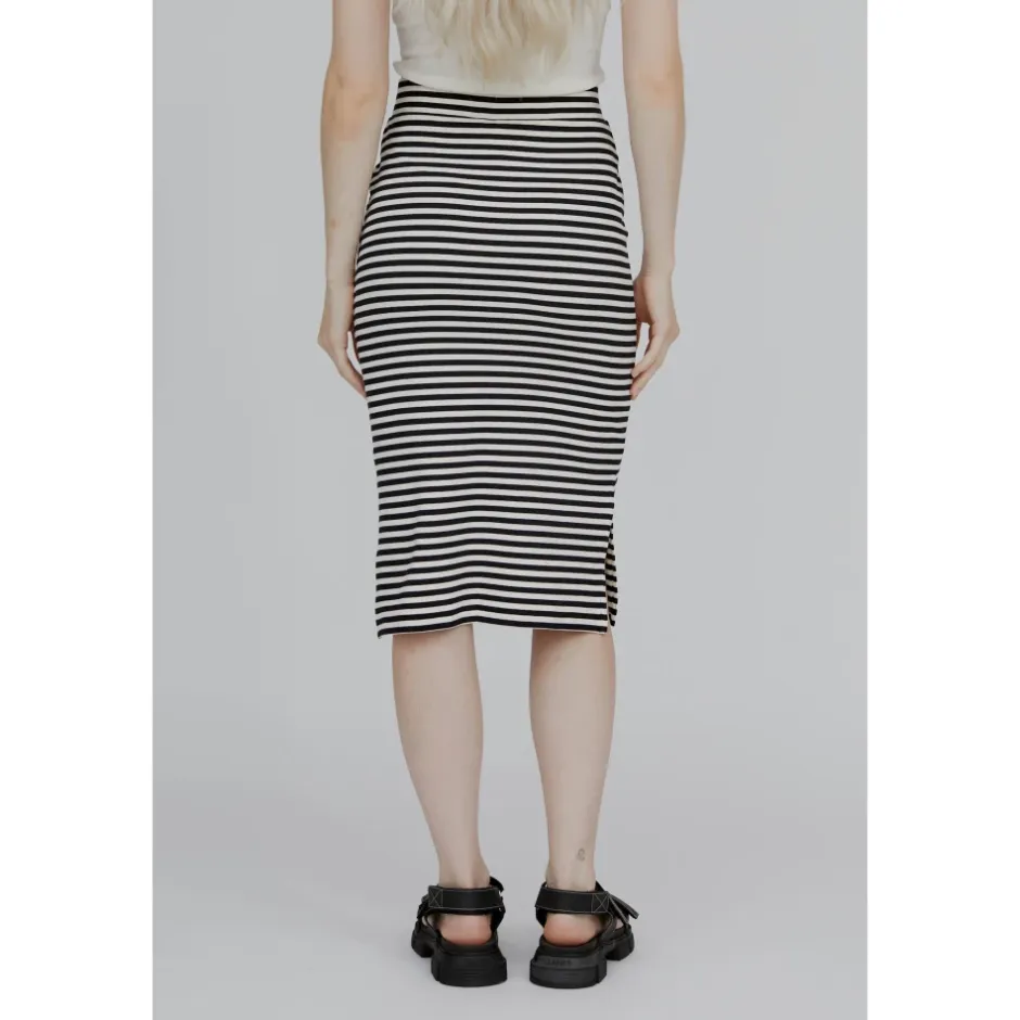 Clearance Stribet Rib Nederdel - Whisper White / Black Dame Nederdele