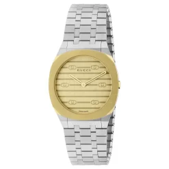 Clearance Uomo/Donna - YA163502 - 30mm rustfrit stål og 18k dbelagt flerlagskasse, gylden messing urskive med Interlocking G-motiv, armbånd i rustfrit stål med fem led Dame Ure