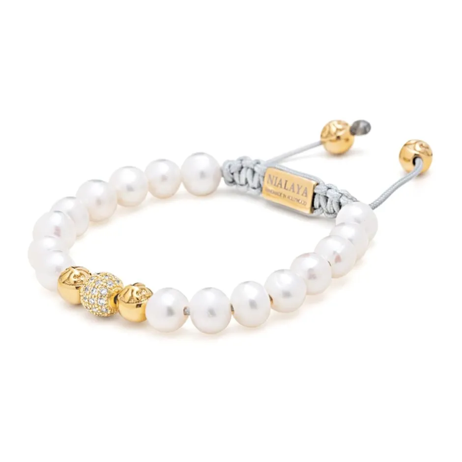 Clearance Women's Beaded Bracelet with White Sea Pearl and Gold Dame Smykker