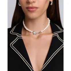 Online Women's Pearl Choker with Silver Panther Head Dame Smykker