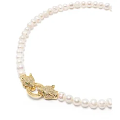 Clearance Women's Pearl Choker with Gold Double Panther Head Dame Smykker