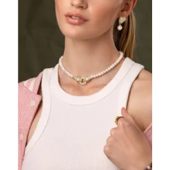 Clearance Women's Pearl Choker with Gold Double Panther Head Dame Smykker
